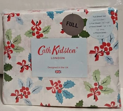 Cath Kidston Full Sheet Set Christmas Holly Winter Holiday Berries Bow Leaves - Image 1 of 4