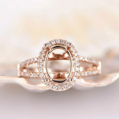 6x8mm Oval Cut Real Moissanite Semi Mount Womens Ring 14K Rose Gold Plated - Image 1 of 4