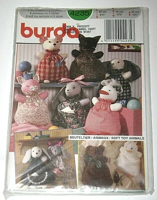 Burda 4235 Soft Toy Animals in 3 Sizes Rabbit Dog Cat Bear Pig Duck UC FF - Image 1 of 2