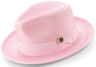 Sombrero PI NK Trenzado Ala Ancha Pellizco Fedora A Juego Cinta Grosgrain Talla Lar H42 Foto 1 de 2