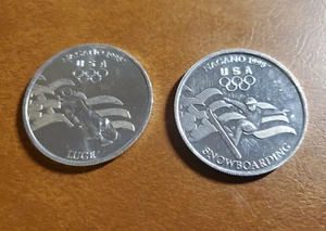Set of 2 General Mills 1998 Winter Olympics Coins - Luge & Snowboarding USA - Picture 1 of 5