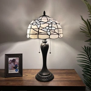 Tiffany Style Table Lamp White Stained Glass Flower Included LED Bulbs H22”W12” - Picture 1 of 6
