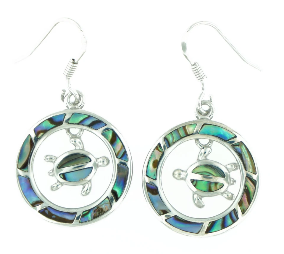 Pendientes colgantes redondos de tortuga con concha de abulón natural de plata de ley 925 maciza para mujer Foto 1 de 1