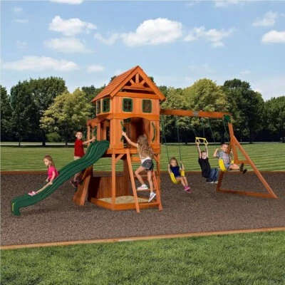 Outdoor Garden Wooden Playcentre Belt Swings Slide Rock Wall Playhouse Set - Image 1 of 4