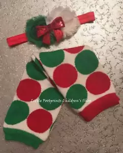 Christmas Red Green Polka Dot Leg Warmers & Shabby Flower Headband - Picture 1 of 1