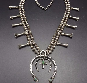 Vintage Sterling Silver and Turquoise SQUASH BLOSSOM Necklace with DOUBLE NAJA - Picture 1 of 12