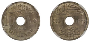 EGYPT , 10 MILLIEMES SULTAN HUSSEIN KAMIL 1917 H NGC MS 64 , RAREM - Picture 1 of 3
