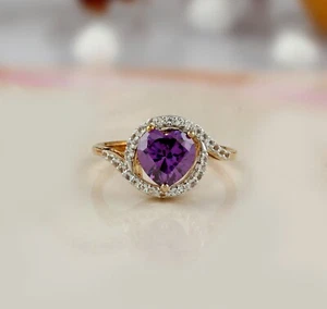 Natural Amethyst Heart Wedding Ring, 925 Sterling Silver Engagement Ring - Picture 1 of 5