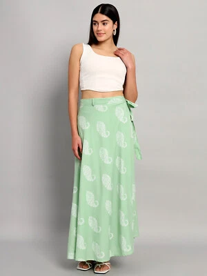 Nuevo Vestido de mujer falda envolvente de algodón cachemira verde estampado de bloques indio de comercio justo Foto 1 de 4