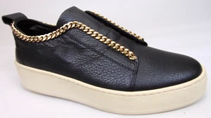 STOKTON YELTI Black Leather Gold Chain Link Sneaker Women Size 5.5 Made In Italy - Picture 1 of 12