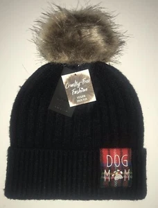 David and Young DOG MOM Strick Wintermütze SCHWARZ mit Karo Neu mit Etikett tolles Geschenk - Bild 1 von 2