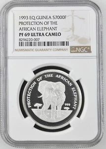 1993 EQUATORIAL GUINEA 7000 Francs Silver 'Wildlife - ELEPHANT' NGC PF 69 UC - Picture 1 of 2