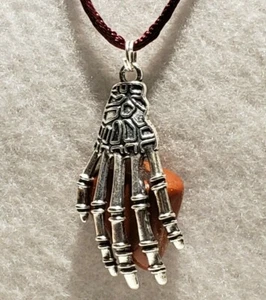 Skeleton Hand w/Red Polished Stone Pendant Satin Cord Necklace w/Lobster Clasp - Picture 1 of 5