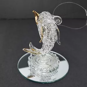 "Estatuilla de marsopa de vidrio hilado adorno espejo base chapada en oro 24K 2,5" - Imagen 1 de 8
