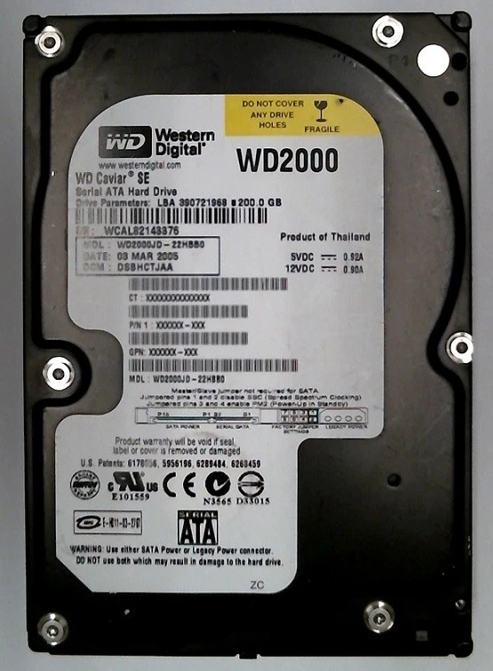 200GB SATA Western Digital Internal 7200 RPM 3.5" WD2000JD-22HBB0 #W200-788 - Image 1 of 1