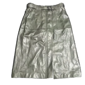 Massimo Dutti Olive Green Leather Skirt with Style Belt Sz L Lined Two Way Zip - Picture 1 of 15