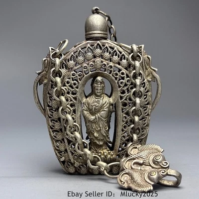 Подвеска в виде бутылки для нюхательного табака Lotus Guanyin Kwan-yin 5,5 дюйма из старого фарфора Miao Silver T654 - Изображение 1 из 4