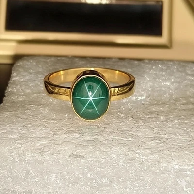 Green Oval Cut Star Sapphire Bezel-Set Lab-Created Ring 14K Yellow Gold Finish - Image 1 of 4