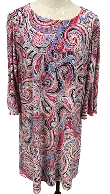 Tommy Hilfiger Paisley A-Line Dress Bell Sleeves Pink & Blue Stretch Women's 14W - Image 1 of 4