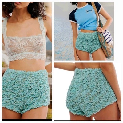  Pantalones Cortos Free People Scrunch It Up XS/S Verde Claro Calado Brillo Nuevos sin Etiquetas  Foto 1 de 4