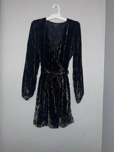 Slate & Willow Women Long Sleeve Velvet Tie Mini Dress Black Brown Printed XS - Picture 1 of 8