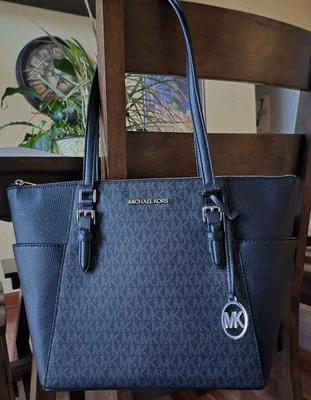 Michael Kors Charlotte Black Logo Silver Zip Top Tote Bag Purse Jet Set Tag - Image 1 of 4