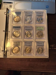 9 morgan silver dollars - all certified pcgs ms63 - in display case with binder - Picture 1 of 17