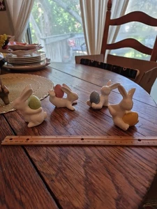 One Hundred 80° Ceramic 4"×2" Tumbling White Bunnies with Colored Eggs S/4 NEW - Picture 1 of 24