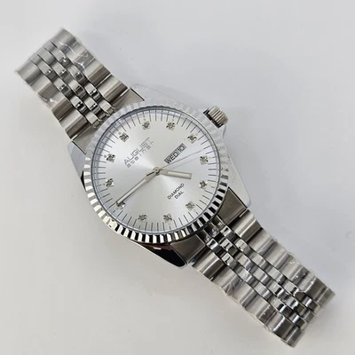 August Steiner 40MM Men's Watch Diamond Hour Markers Gray Bracelet Day Date 8.5" - Image 1 of 4
