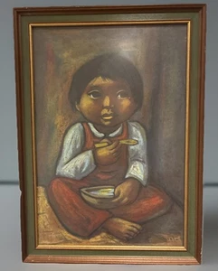 Captivating Vintage 1970s Arturo Nieto- Ecuador Drawing -Child Sitting With Bowl - Picture 1 of 9