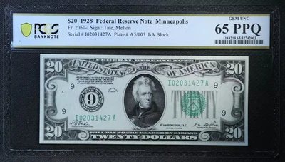 PCGS Gem UNC 65 PPQ 1928 $20 Minneapolis Federal Reserve Note, Very Nice! * - Image 1 of 2