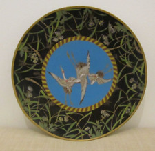 Antique Japanese Cloisonne 12in Plate Flying Cranes Flowers Blue & Black & Green