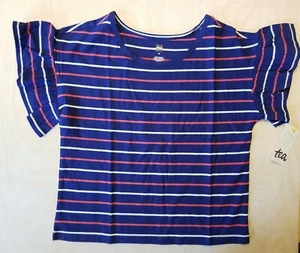 NWT TEA COLLECTION Print Ruffle Sleeve Top  NIGHTFALL Blue STRIPES Girls 12 - Picture 1 of 5