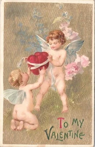 Hermosa postal San Valentín sin firmar John Winsch querubines lámina de oro 1911 - Imagen 1 de 2