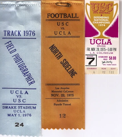 Friday Nov. 28, 1975: UCLA 25, USC 22 Ticket Stub & USC-UCLA Ribbons Cover