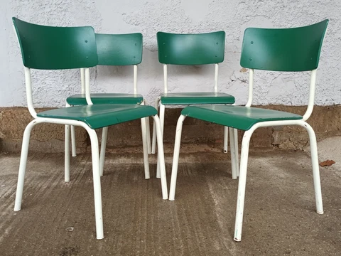 4x Steel Stacking Dining Room Chair Wood Green Vintage 60er Chairs Cover