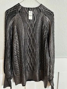 Express Metallic Gunmetal Pullover Zopfmuster Ballonärmel Rundhals Gr. L - Bild 1 von 5