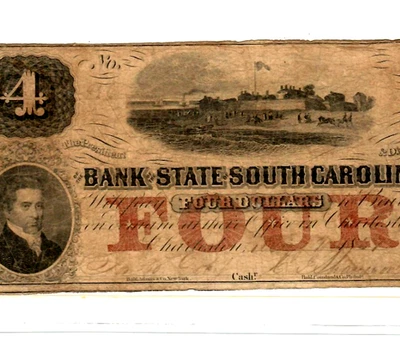 $4 "BANK OF SOUTH CAROLINA" 1800'S (RARE) $4 (BANK OF SOUTH CAROLINA) NICE!!! $4 - Image 1 of 3