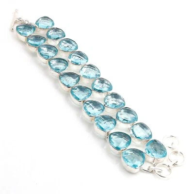 Top Quality Blue Aquamarine Handmade Gemstone Bracelet Jewelry Size 8 Inches - Image 1 of 3