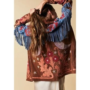 NUEVO CON ETIQUETAS Chaqueta de Cuero Free People Liza Flecos Bordados Gamuza Occidental Talla XS $698 - Imagen 1 de 24