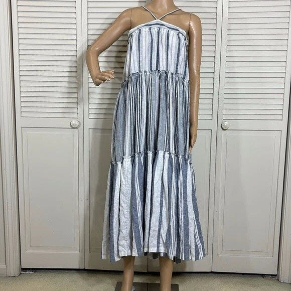 J Crew Small Chambray Maxi Dress Halter Tiered Stripe Linen Blend