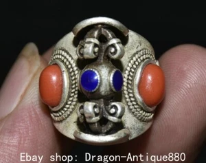 1.4" Rare Ancient Chinese silver inlay Red pine stone Dynasty Ring - Picture 1 of 6