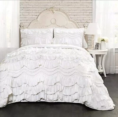 Juego de cama king size de 3 piezas con textura con volantes y edredón, blanco Foto 1 de 4