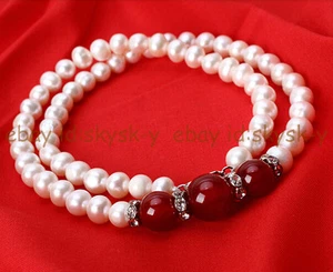 Natural 8-9mm White Cultured Pearl 8-10mm Red Jade Necklace 18'' - Picture 1 of 3