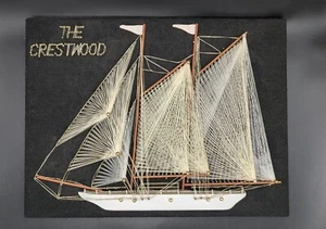Vintage Open Door STRING ART Schooner Tall Ship 12" x 16" 1970's - Picture 1 of 6
