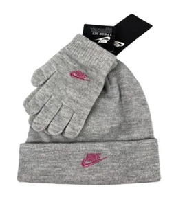 NIKE Girls  Youth  7/16   2 Piece Fold over Futura Beanie Hat Gloves Set Gray - Picture 1 of 2