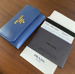 Authentic PRADA 6-Key Case Key Holder Blue Leather Logo Cards Included - Picture 1 of 7
