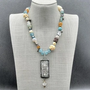 Handmade Artisan Statement Necklace Boho Mixed Media Beads Rhinestone Pendant - Picture 1 of 9