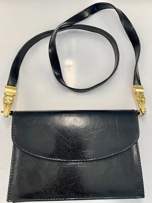 SASHA Cuero Negro Dorado CROCODRILO COCODRILO COCODRILO BROCHE Cartera de Hombro Bolso de Mano Latón Foto 1 de 4