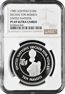 Lesotho 10 Maloti 1985, NGC PF69 UC, "UN - Decade of Women" Silver Coin - Picture 1 of 2
